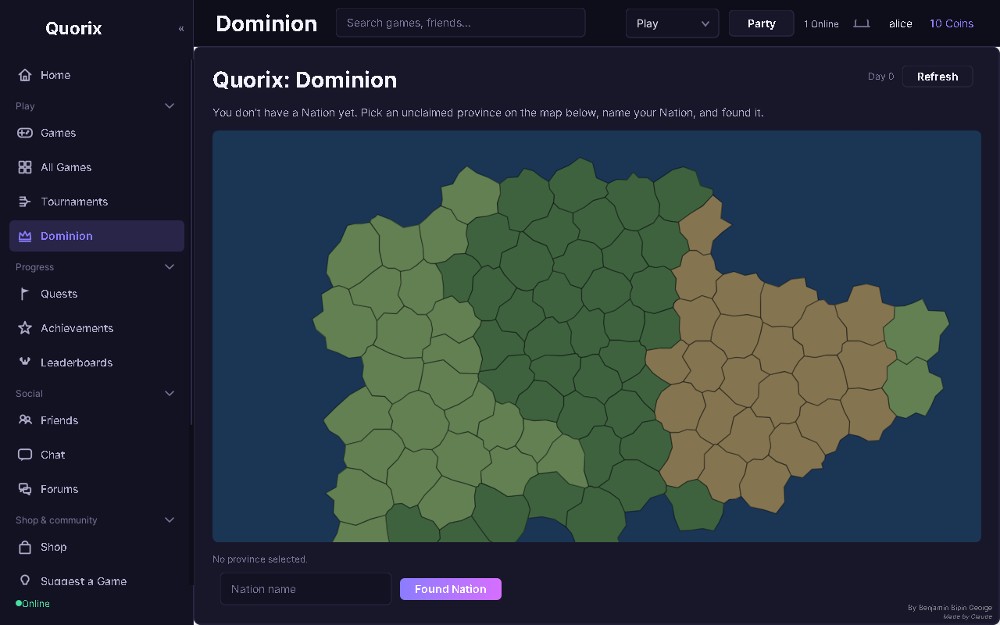 Quorix: Dominion with a continent map of irregular provinces and a form to found your nation