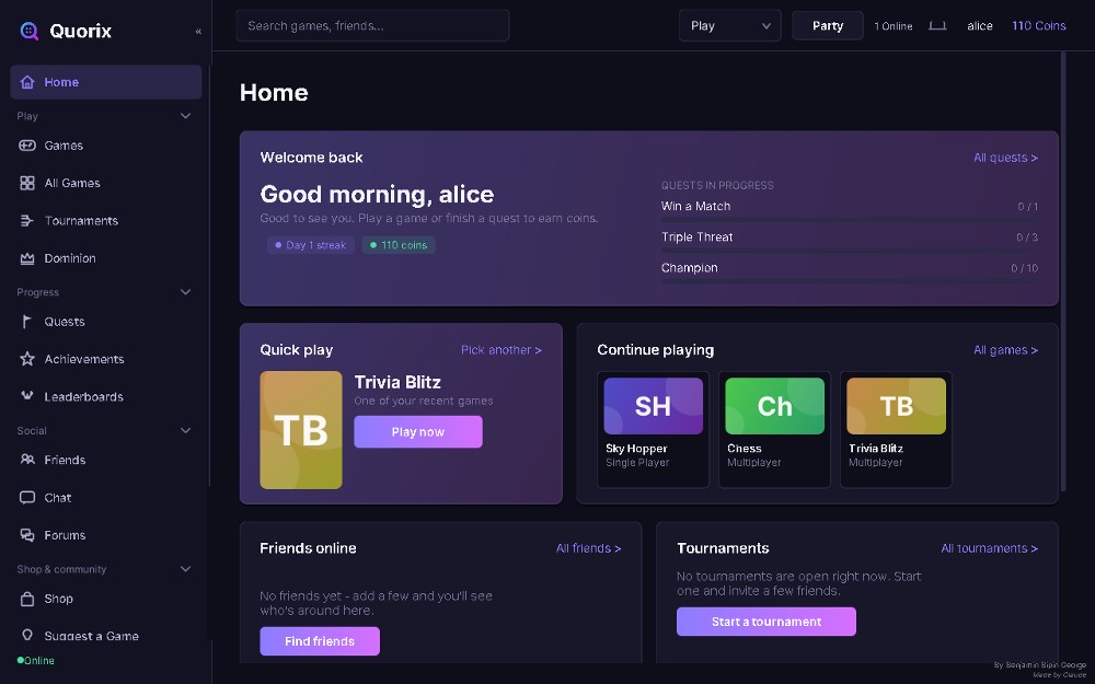 The Quorix home page with quick play, recent games and friends online
