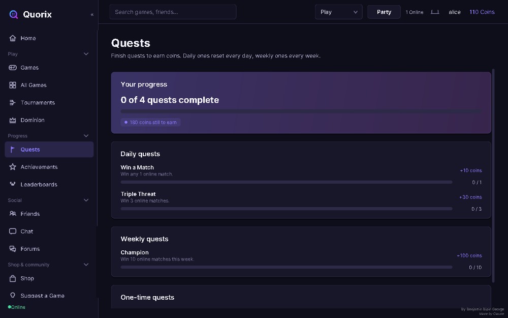 The Quorix quests page with daily and weekly quests and coin rewards