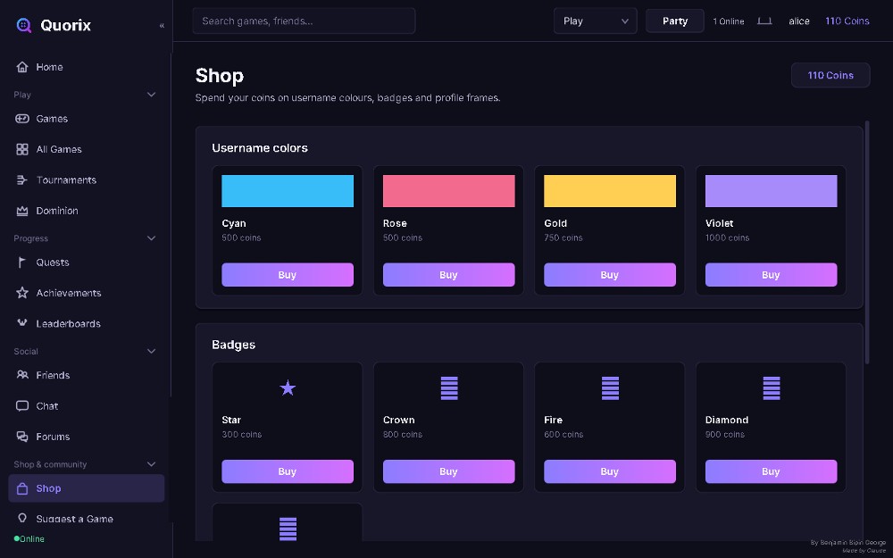 The Quorix shop with username colours and badges to buy with coins